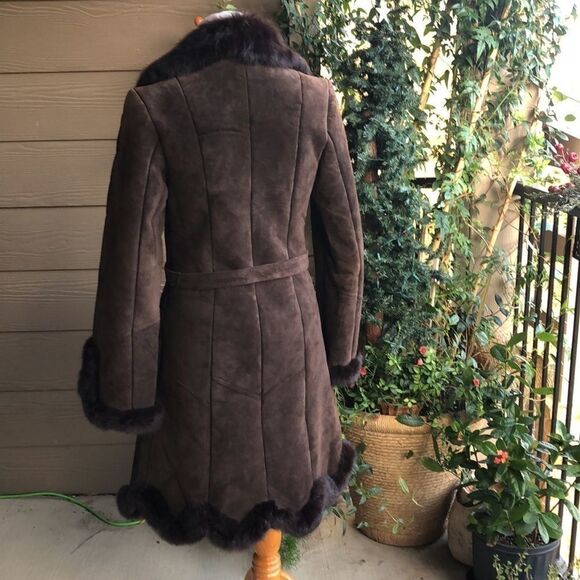 Vintage British Knoles & Carter Chocolate Suede, Fur Trim/Collar Faux Fur Lining - Picture 11 of 15